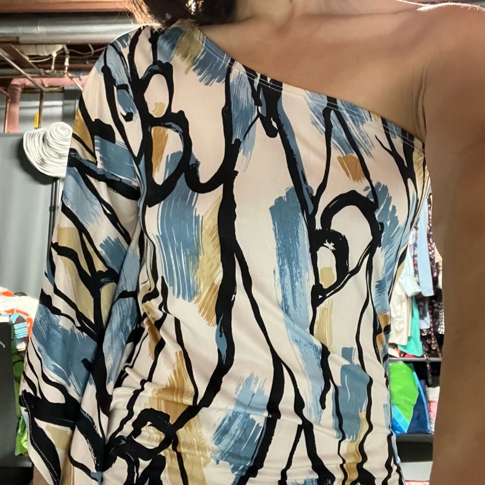 Abstract One-Shoulder Dress. New without tags. Size small.